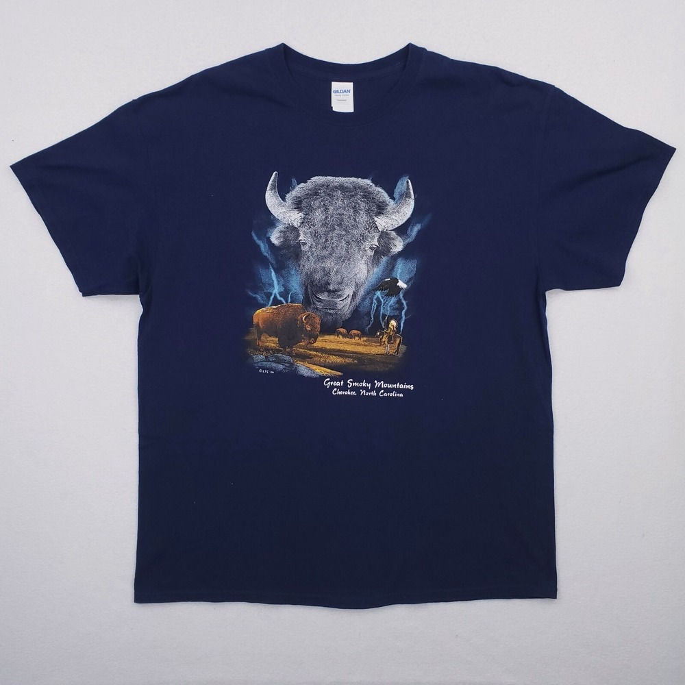 Smoky Mountains Shirt Mens Extra Large Navy Blue Buffalo Lightning Cherokeeโ NC